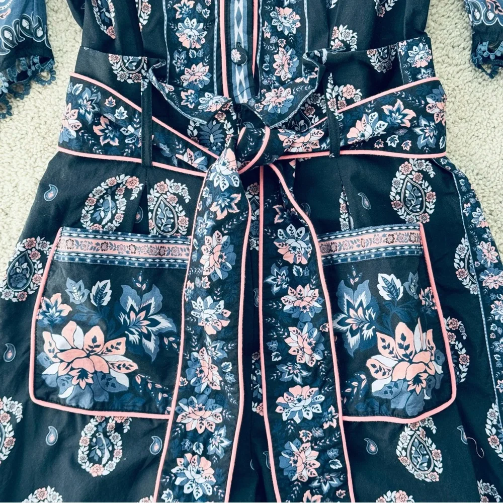 FARM Rio Printed Cotton Poplin Puff Sleeve Jumpsuit Navy Size Medium - Picture 5 of 9